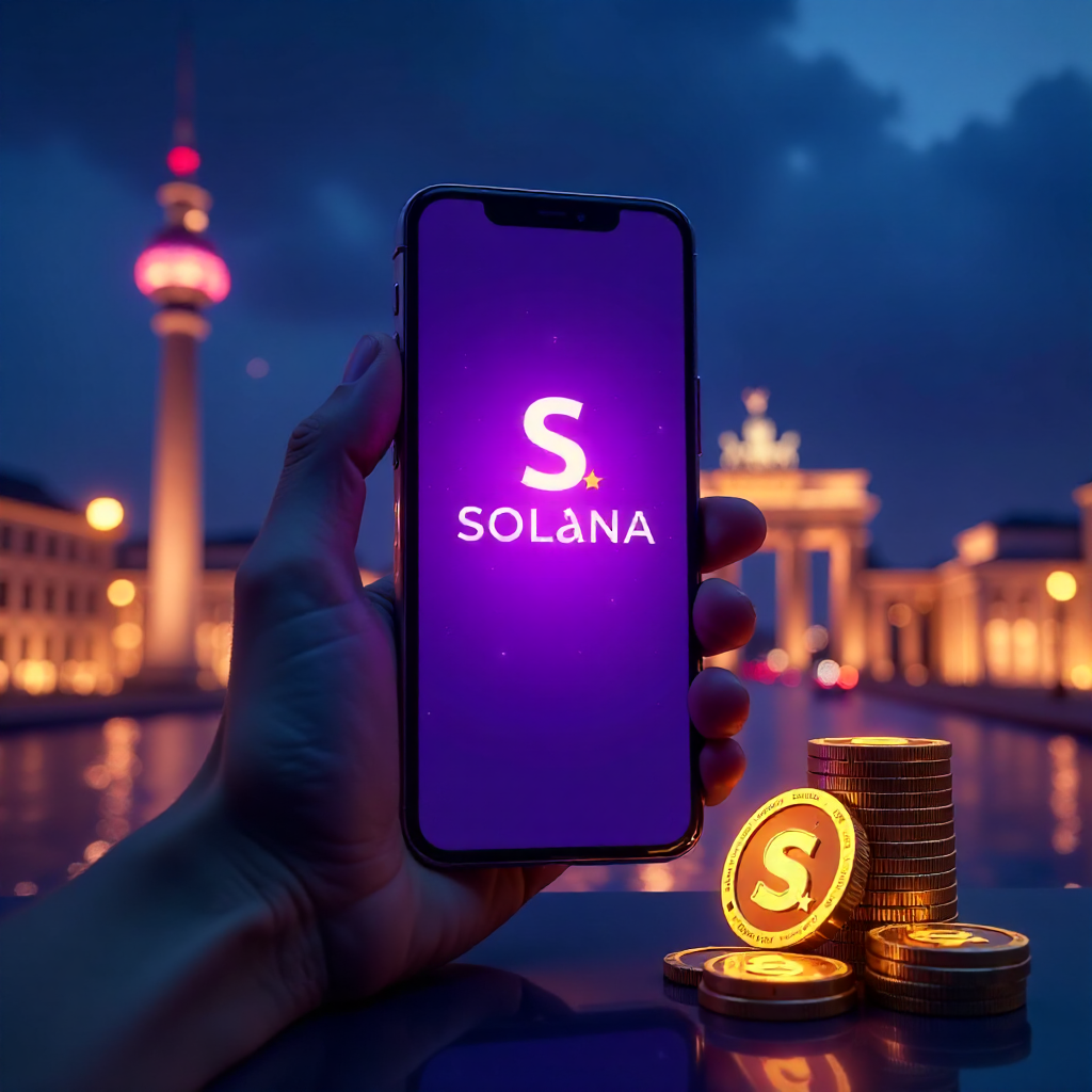 A hand holding a sleek futuristic smartphone displaying the official Solana Casino Germany app with a vibrant purple and cyan interface, background is the Berlin skyline with the Brandenburg Gate and TV Tower at night, 3D Solana logo coins and golden poke